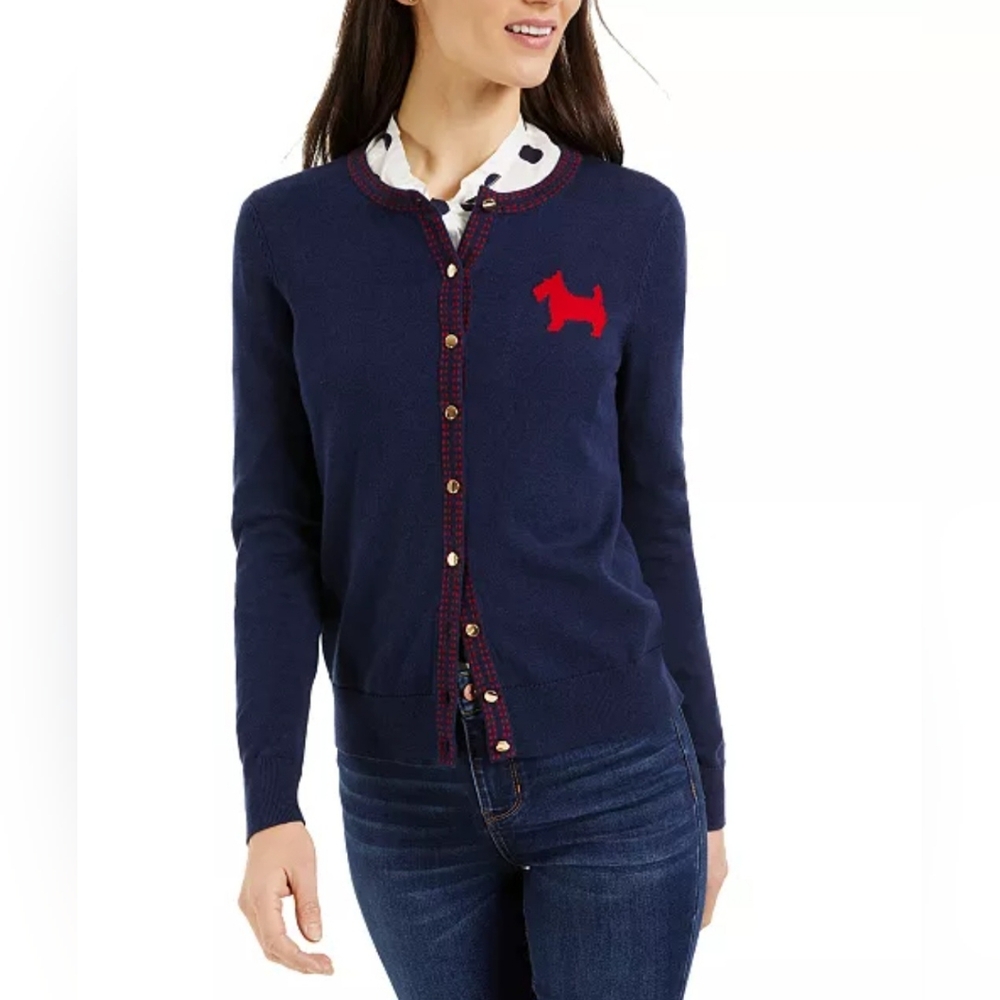 Charter Club Scottie Dog Button-Up Minimalist Navy Blue Knit Cardigan sz L